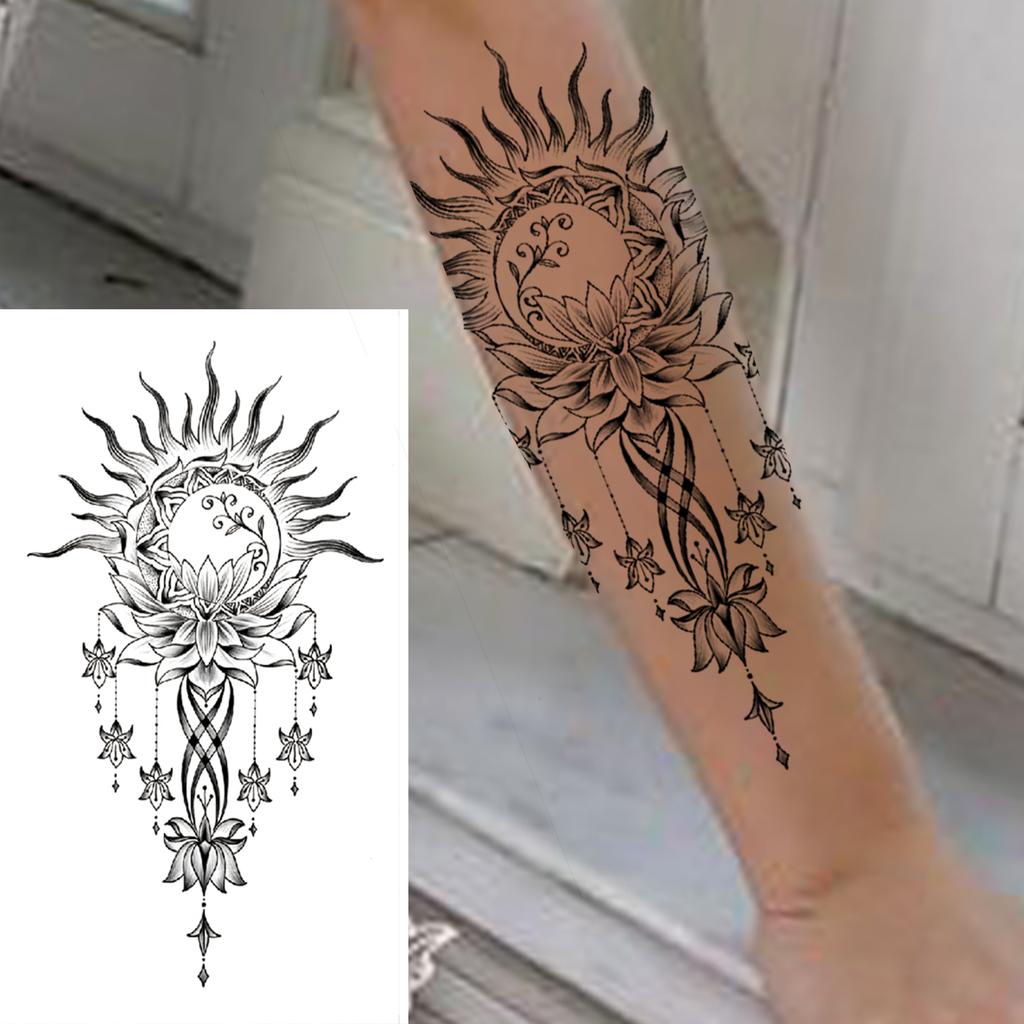 1 Sheet Black Henna Mandala Fake Jewels Temporary Sleeve Tattoos For Women Girls Forearm Waist Chest Back Tattoo Sticker Decal
