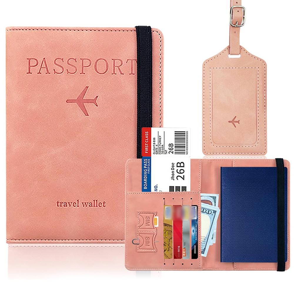 Orirya Passport PU Slim Bifold Travel Wallet with Luggage for International Travel and Business Lightweight and Includes Elastic Name Pink Case,