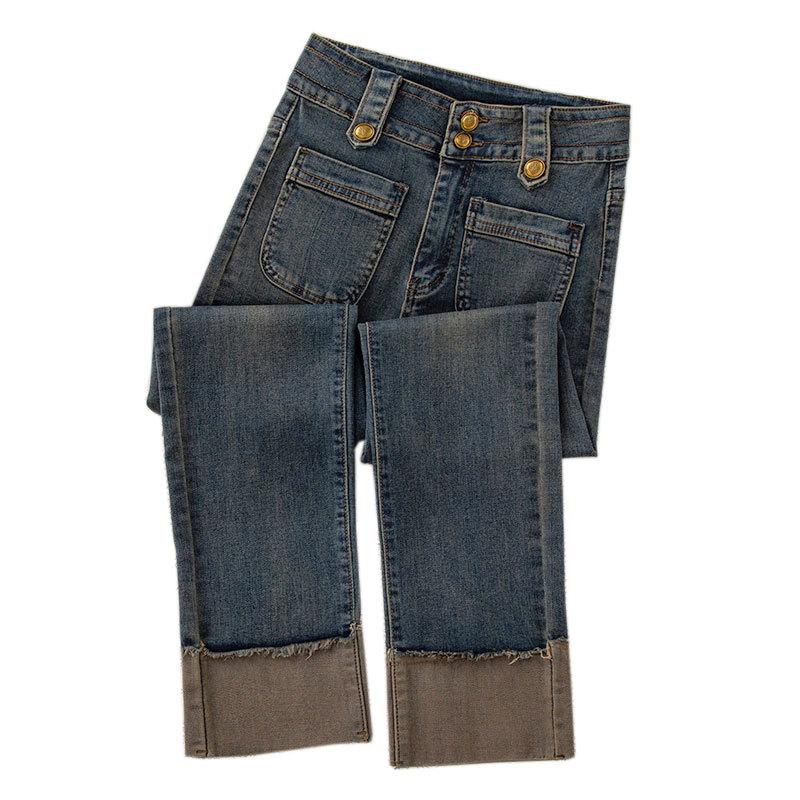 Niche design elastic pipe pants women's double-buckle high-waisted slim-fitting nine-point color matching flanged small straight jeans women