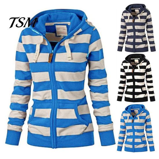 Coat Drawstring Long Sleeves Pockets Zipper Closure Sweatshirt Jacket Autumn Winter Women Striped Print Hoodie
