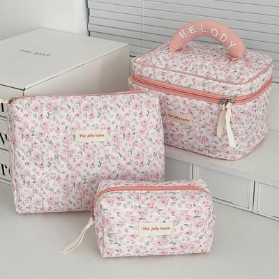 Vintage Pink Floral Women's Cosmetic Bag Large Capacity Toiletry Makeup Storage Pouch Handbag Ladies Zipper Quilted Clutch Bag