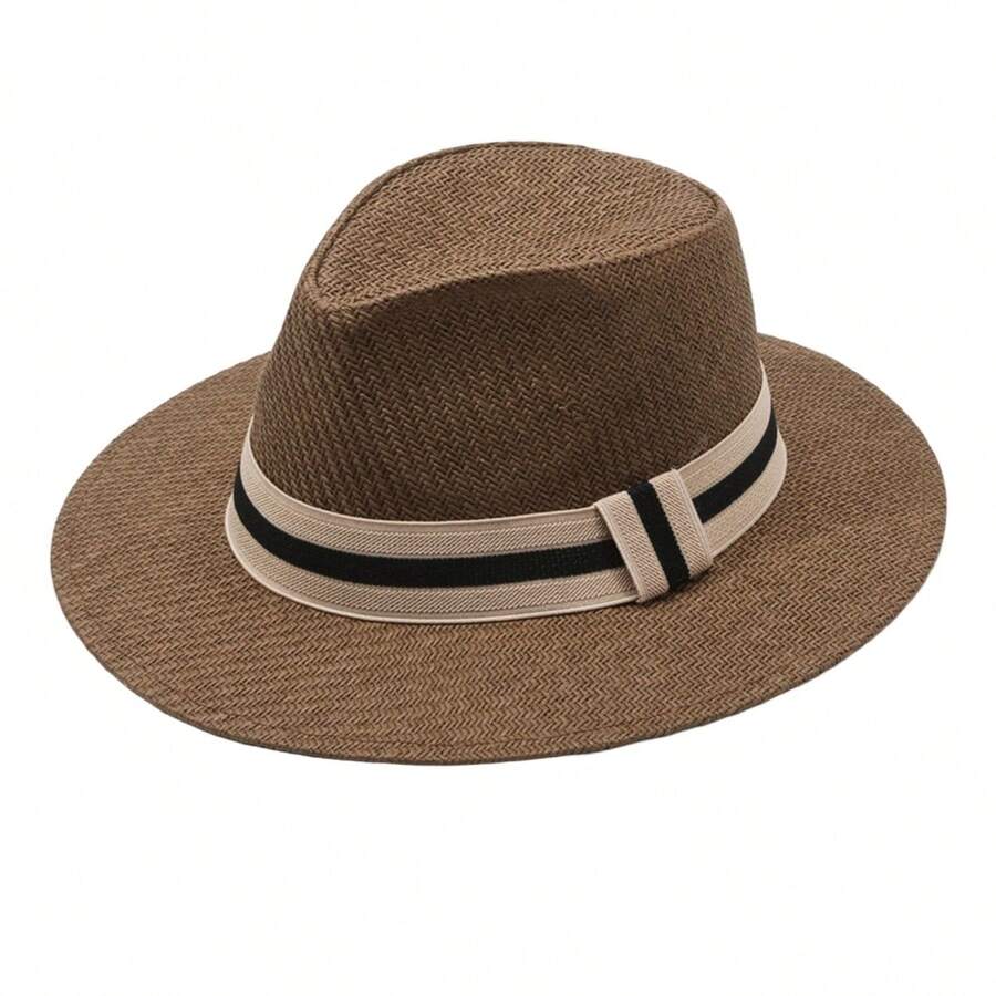 Unisex Straw Fedora Hat With Striped Band Wide Brim Summer Beach Sun Hat