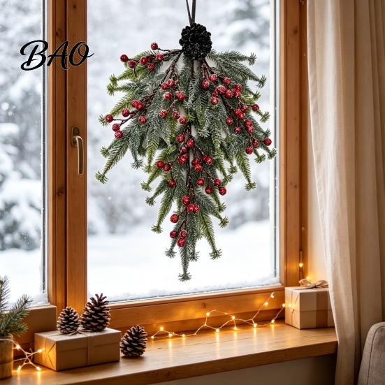 Artificial Winter Wreath Upside Down Christmas Tree Hanging Decor, Pinecone Berry with Flocked Rustic Holiday Home Decor Snow Tips, Wall Door Ornament