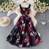 European and American vacation romantic style printing square neck suspender dress women's summer high-end feeling waist and thin big swing dress