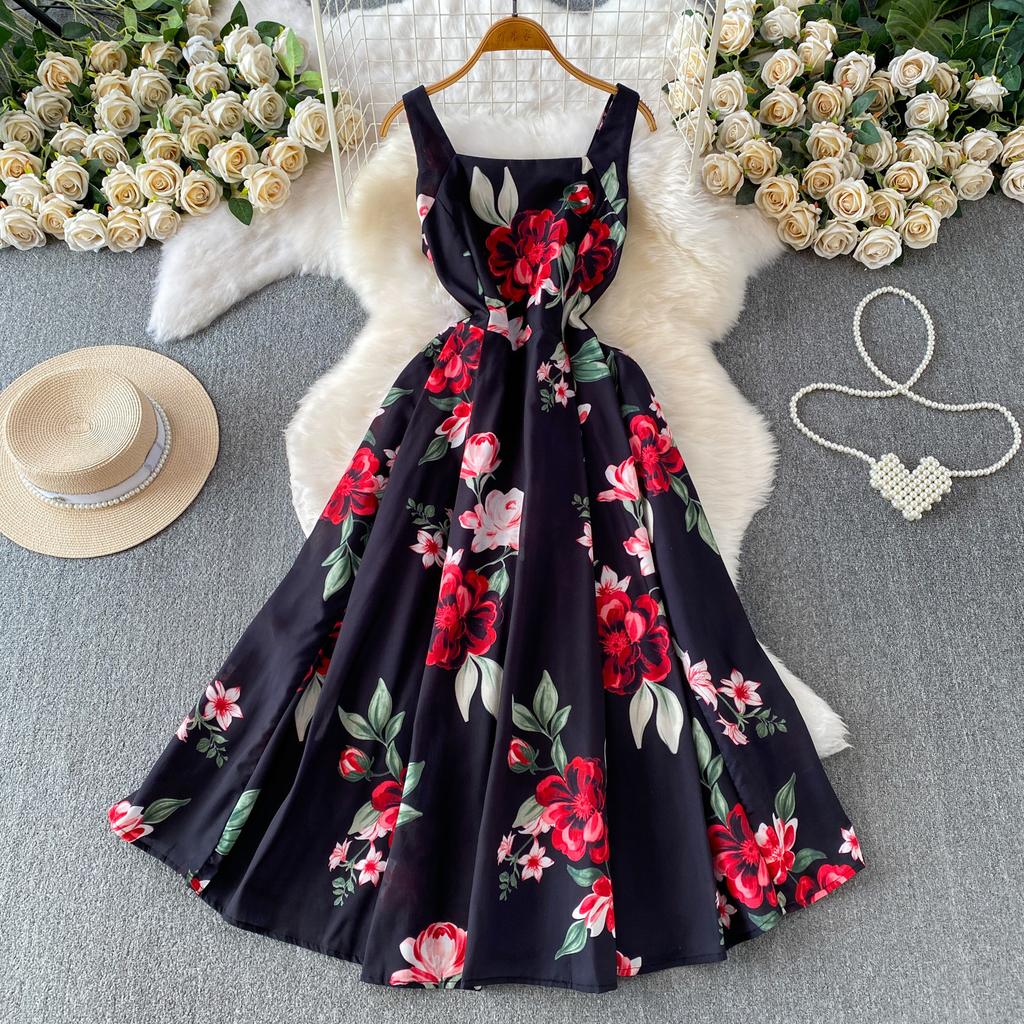 European and American vacation romantic style printing square neck suspender dress women's summer high-end feeling waist and thin big swing dress