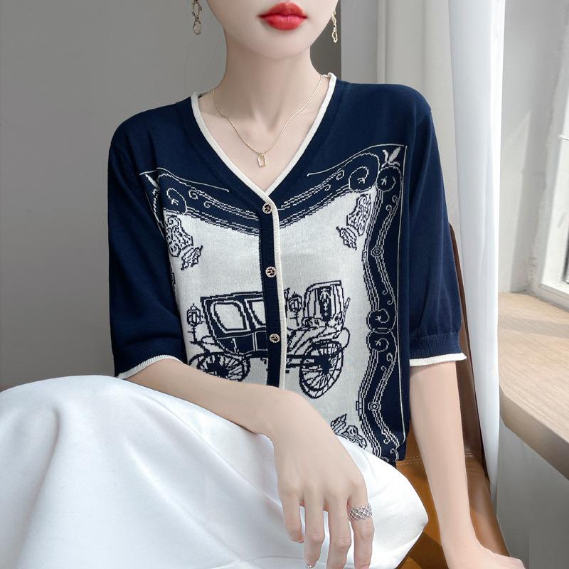 Retro Jacquard Blouse, Elegant and Youthful Coat, Summer New V-neck Short-sleeved Knitted False Cardigan for Women