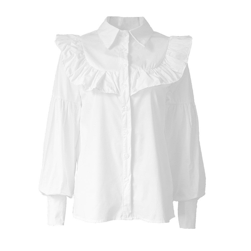 Women s Point Collar Long Sleeve Blouse Loose Fit Elegant Ruffle Cotton Shirt S белый