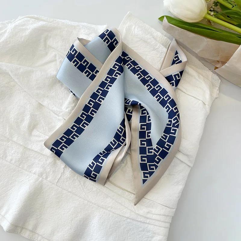 Luxury Light Blue Color Series Silk Scarf Hair Band Ribbon Tied-Up Hair Long Bow Vintage Satin Ribbon Hair Accessories