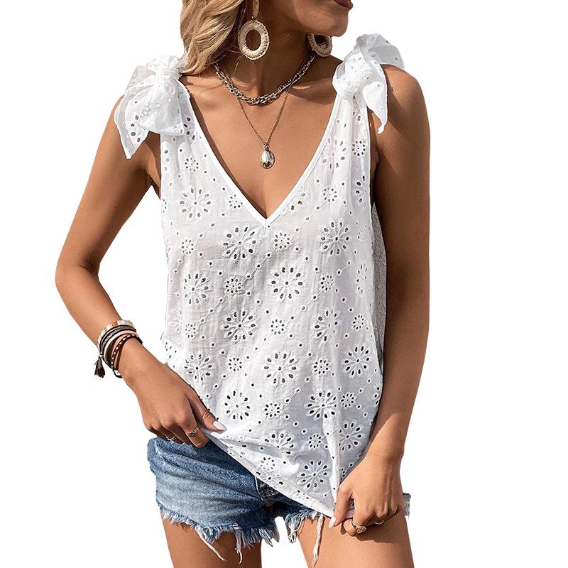 Dámský top bez rukávů s výstřihem do V, výšivkou očka a detailem krajky