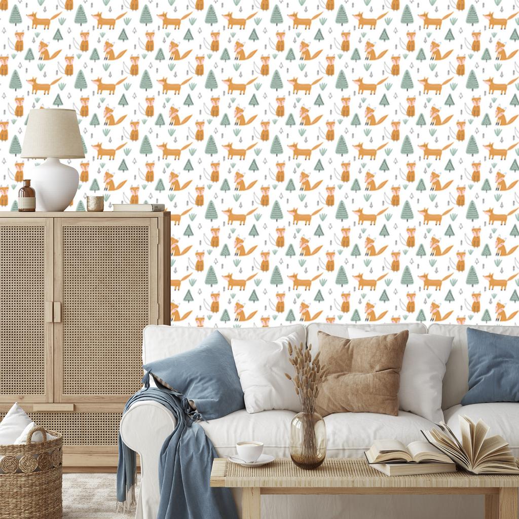 Foxes and trees wallpaper in Scandinavian style for living room and bedroom 50x1000
