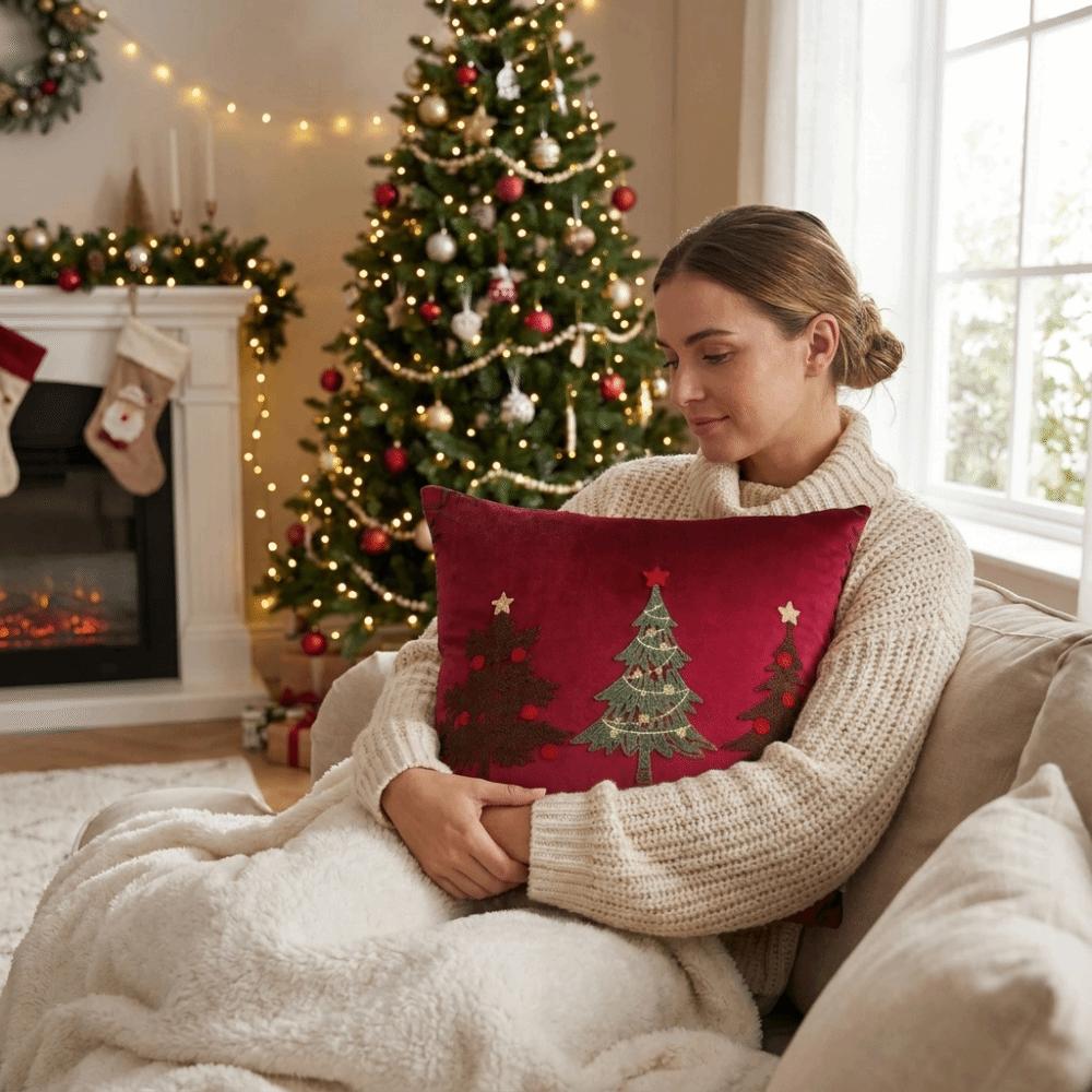 Embroidered Christmas Pillowcase Exquisite Xmas Tree Pillowslip Cushion Cover Bedroom