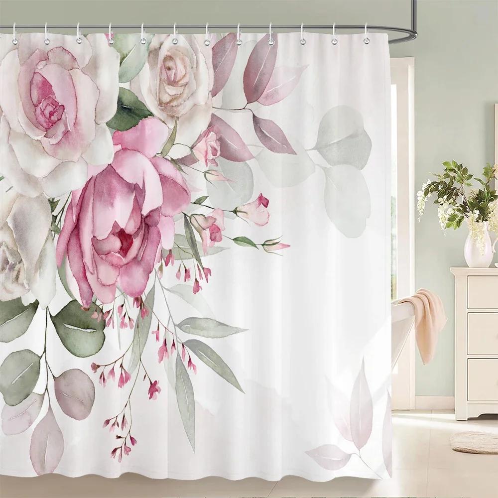 1Pcs Elegant Rose Flower Printed Fabric Waterproof Shower Curtain, Romantic and Fashionable Rose Bathroom Decoration, with Hooks
