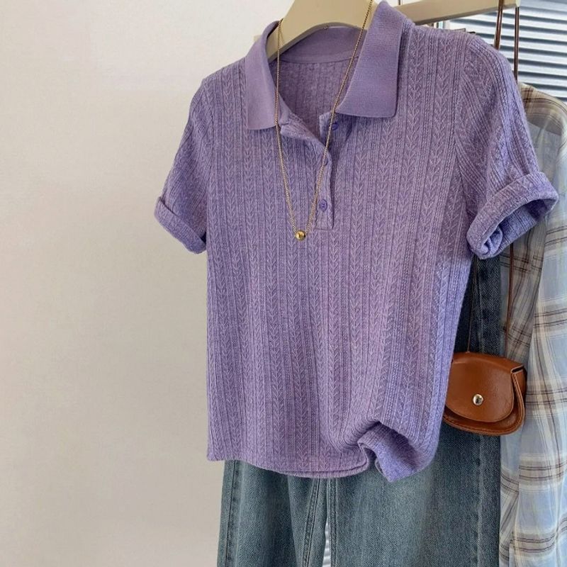 

Counter Withdrawal Cut the Tag off Purple Shoulder Polo Collar Ice Silk Short sleeve T-shirt Women Summer New Simple Slimming Top Main Image Color S