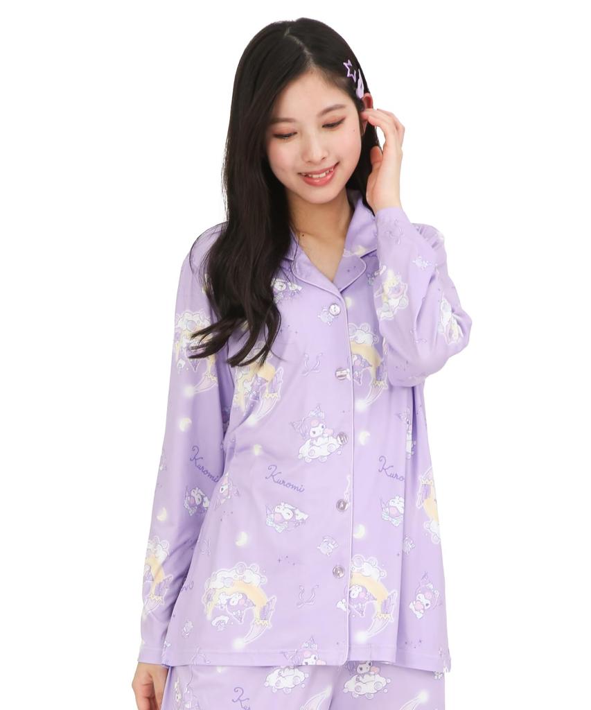 SAZAC Kuromi Shirt Pajamas, Powder Stretch, Women's, Long Sleeve and Pants Set, Loungewear (Purple/M/SAN1908)