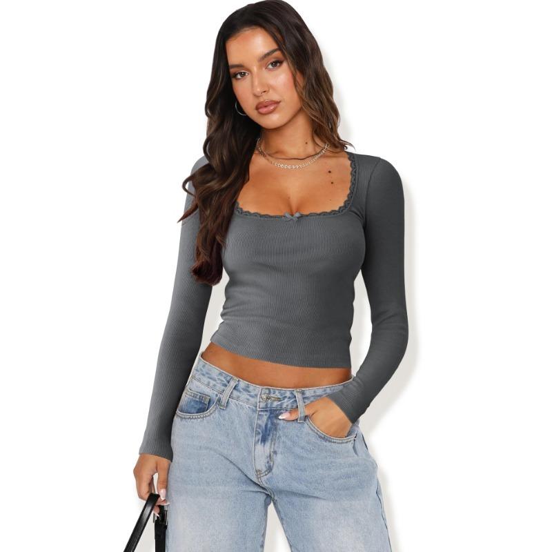 

Новая футболка с длинными рукавами, женская облегающая кружевная рубашка с U-образным вырезом XL темно-серого