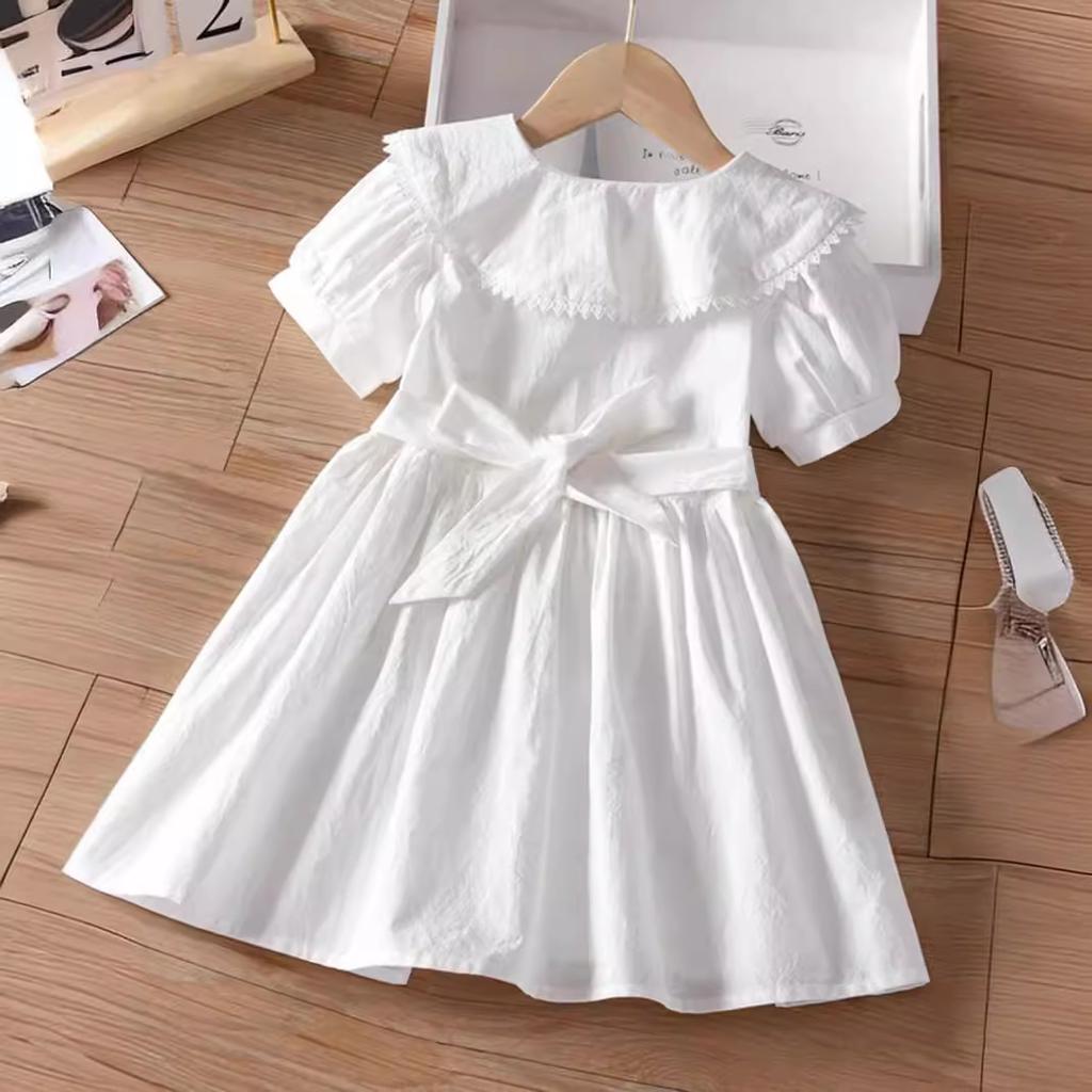 Girls White Princess Dress Summer Short Sleeve Kids Party Dress Elegant Casual Cotton Blend Clothing For Children
