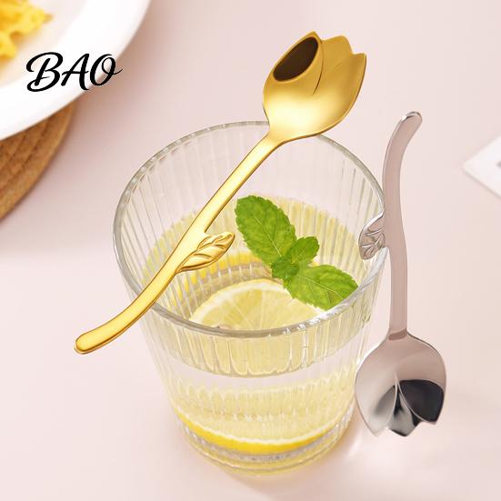 Glossy Metal Cutlery Tulip Shaped Stainless Steel Spoon, Long Handle Coffee Ice Cream Scoop Dessert Serving Spoon with Hanging Hook, Kitchen Flatware