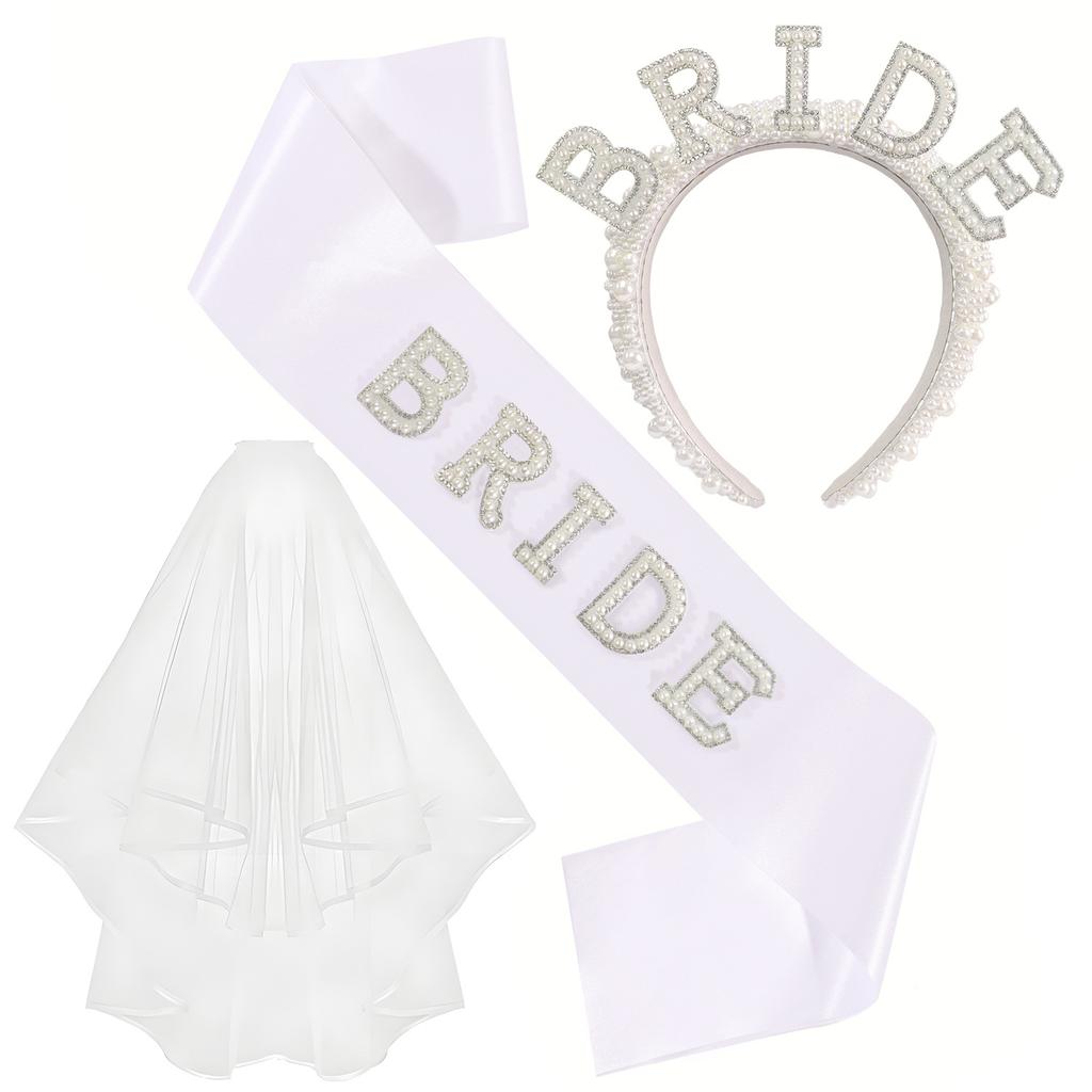 2026 Fashion Bride Bachelor Party, Bride Pearl Crystal Shoulder Strap Veil Headband Ribbon
