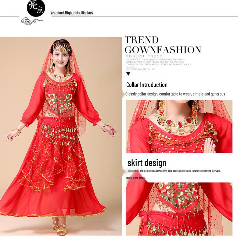Women's Long Sleeve Indian Belly Dance Performance Costume with Short Sleeve Long Skirt