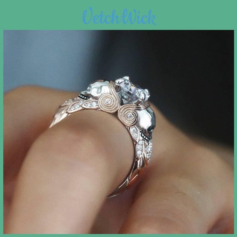 Creative Fashionable Couples Skull Ring With Dual Color Diamond Design In Alloy Material