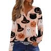 Women's Casual Long Sleeve V-Neck Halloween Print T-Shirt with Decorative Buttons