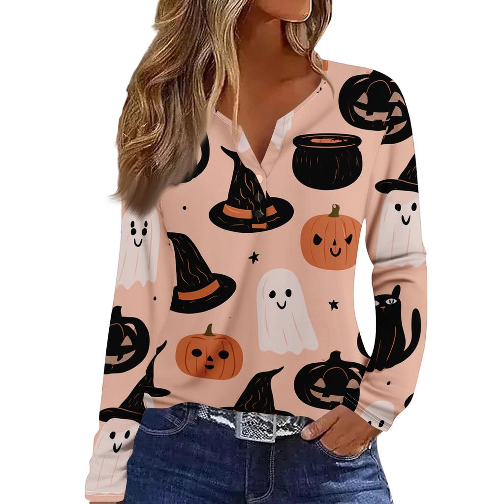 Women's Casual Long Sleeve V-Neck Halloween Print T-Shirt with Decorative Buttons