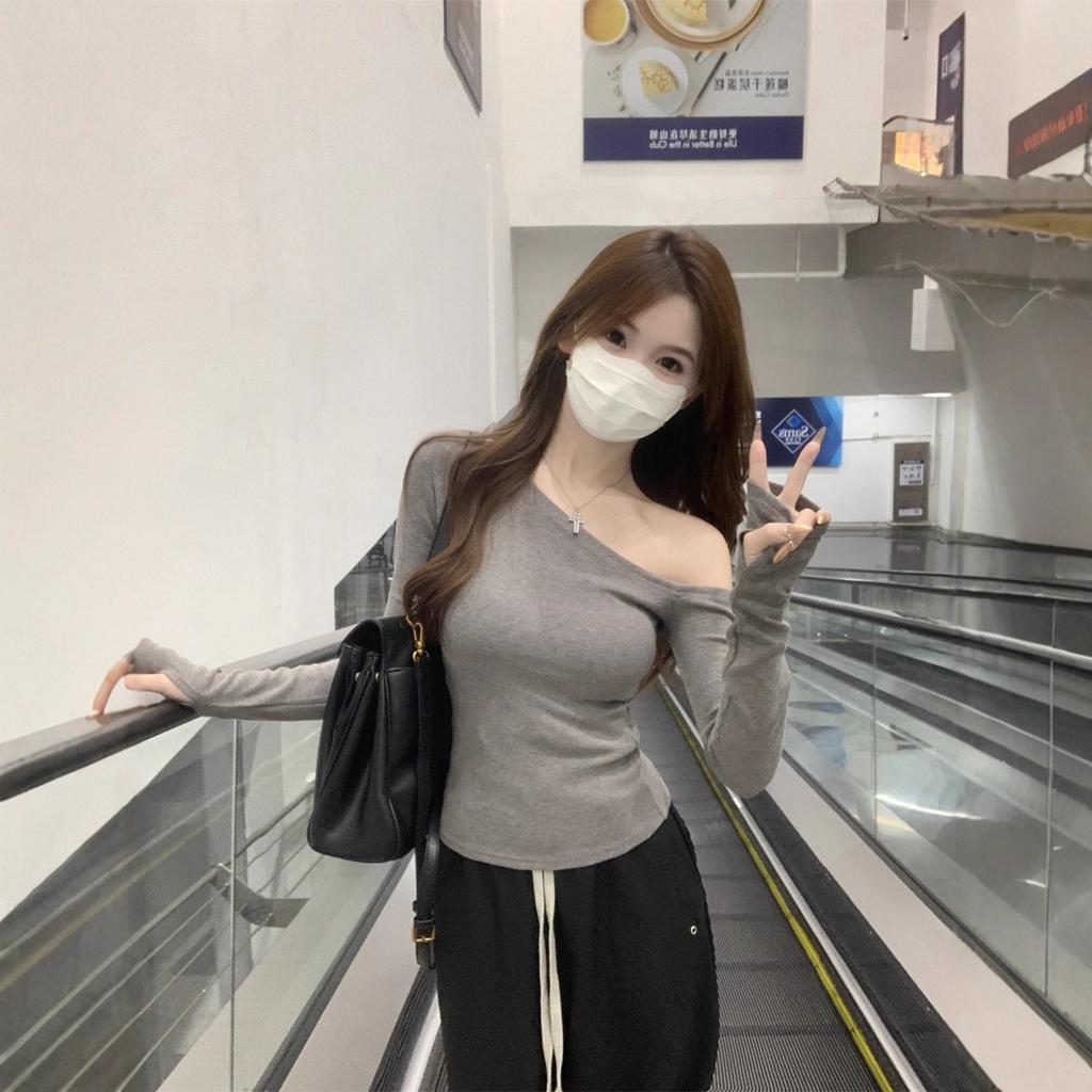 Pure desire diagonal collar off-the-shoulder long-sleeved t-shirt for women's irregular autumn new Korean version