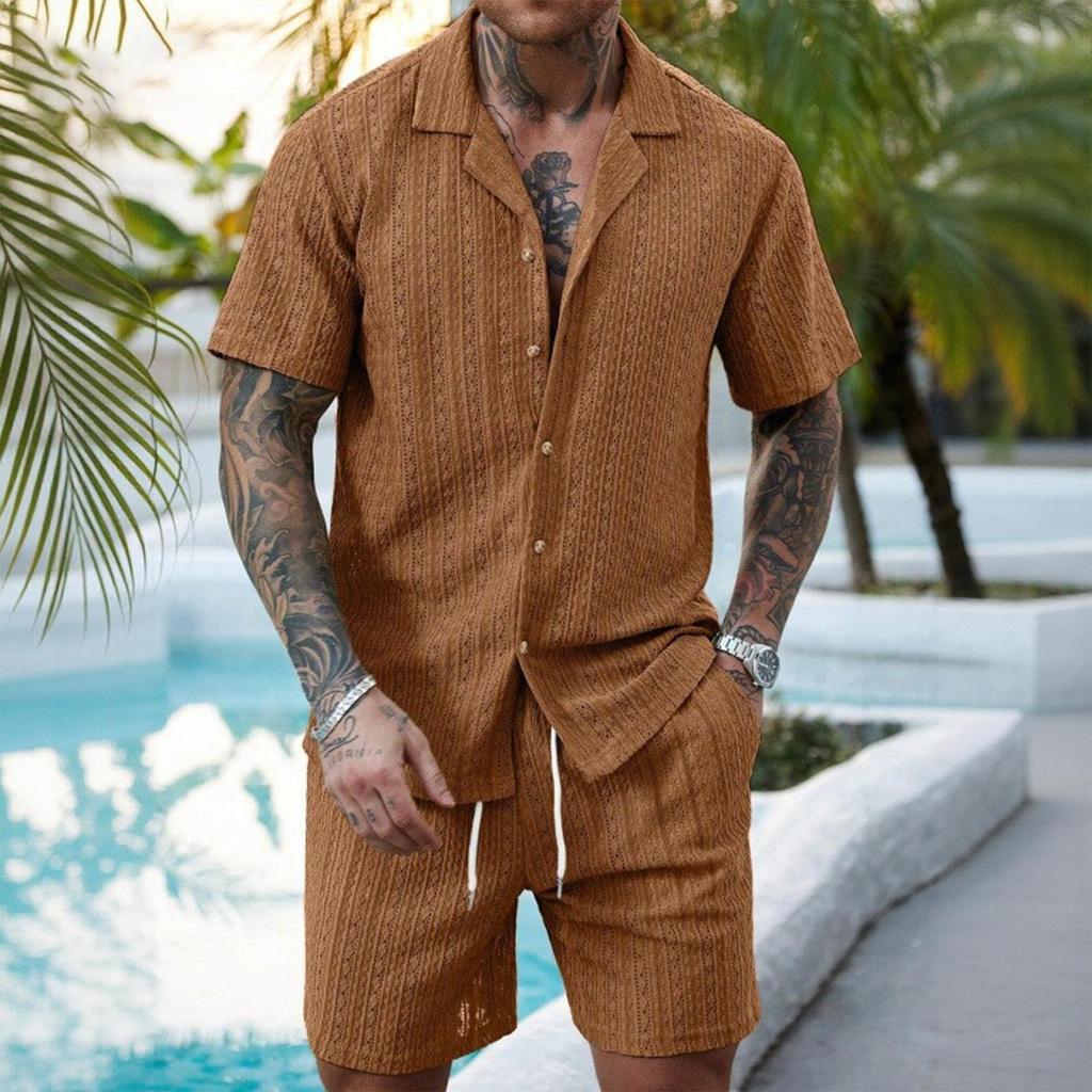 Conjunto Casual de Verão Masculino Duas Peças Camisa de Botão Manga Curta Shorts com Cordão Tecido Leve Respirável Caimento Relaxado