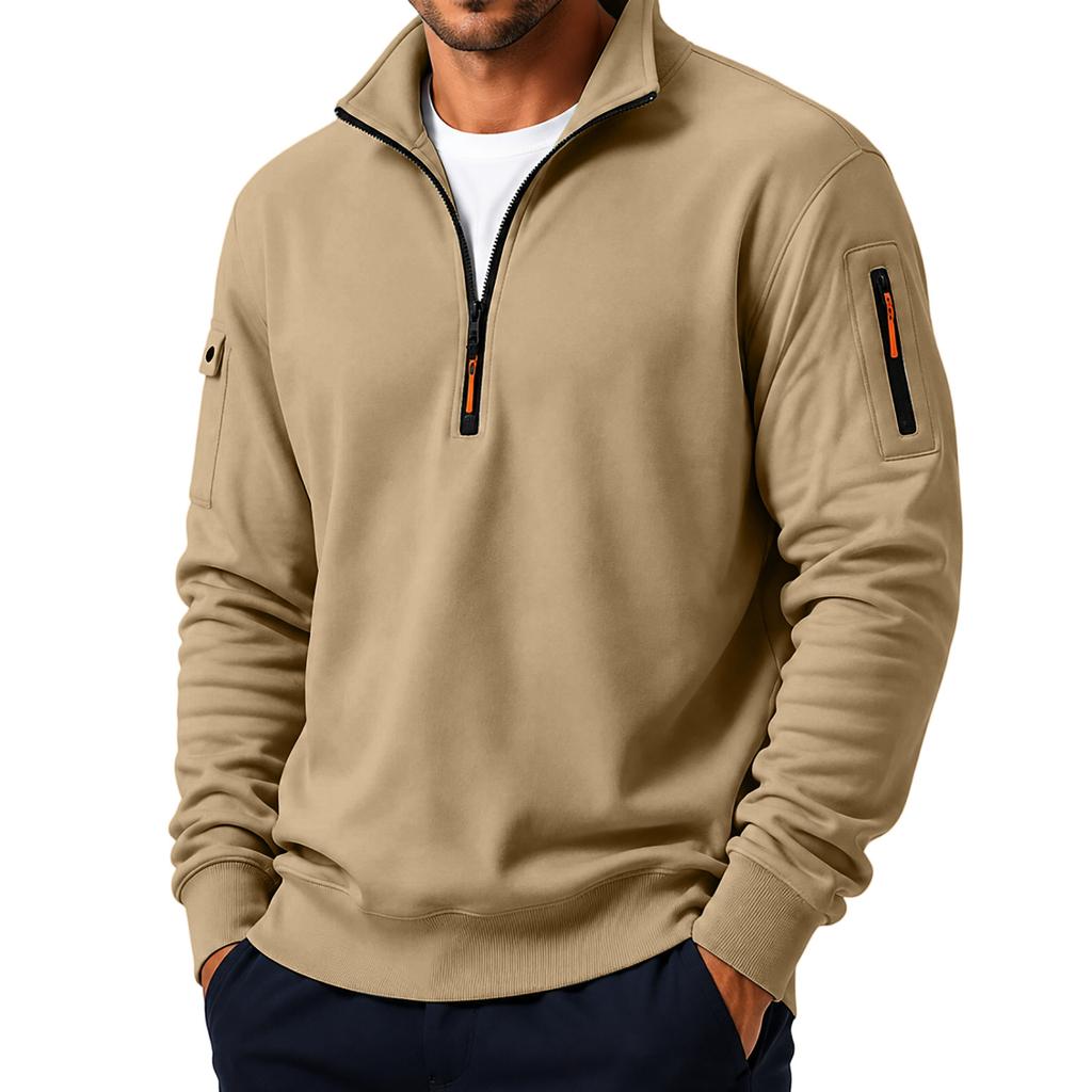 Men's Casual Quarter-Zip Sweatshirt with Stand Collar, Loose Fit and Multiple Pockets for Fall and Winter