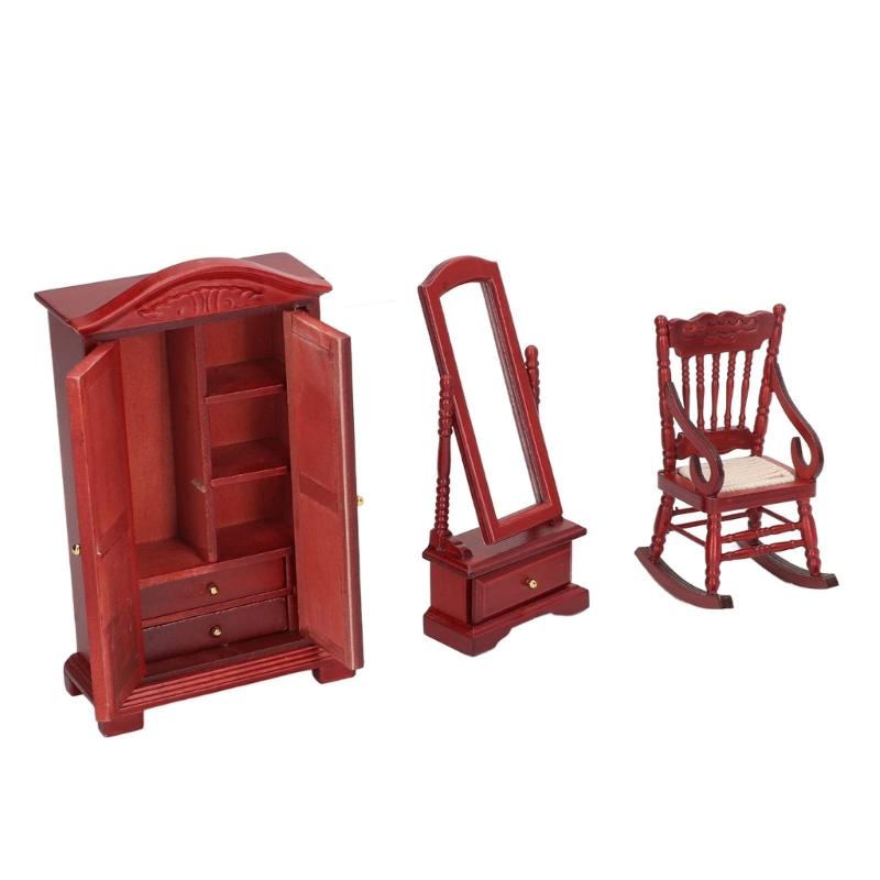 1/12 Scale Dollhouses Bedroom Set 6Pcs Realistic Wood Furniture Retro Bedside Table DIY Miniature Decors