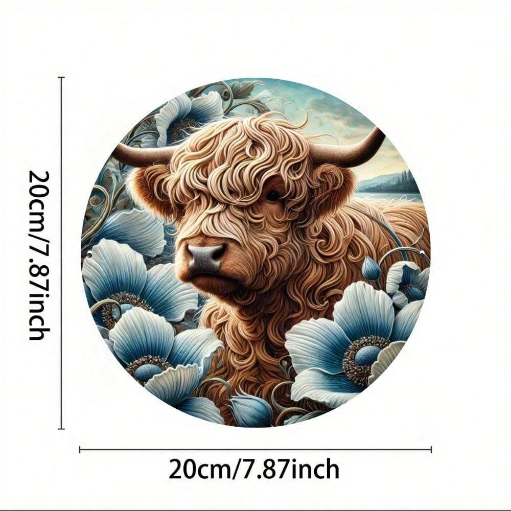 Metal Wall Art Poster Round Sign 8x8 inch Blue Flower Mountain Cattle Living Room Decor