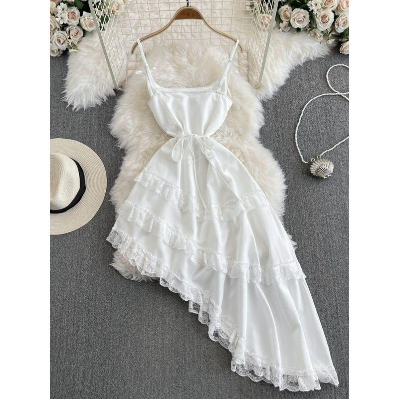 White Sleeveless Sling Irregular Dress Women's Summer 2024 New Arrival Fancy Oblique Mid Length Long Length Skirt