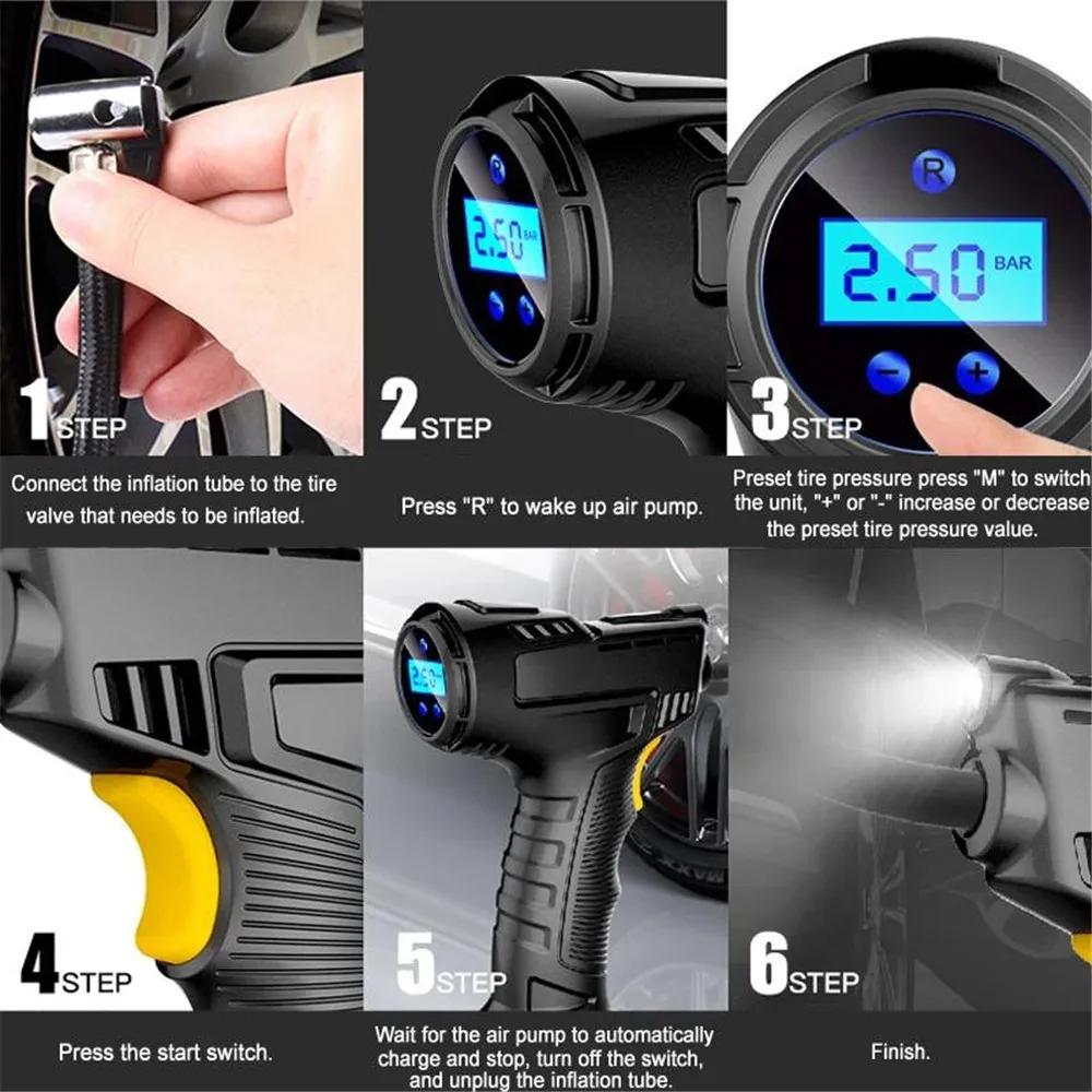 120W Car Automatic Tire Inflator Equipment Rechargeable Air Compressor Wireless Inflatable Pump Portable Digital LED Air Pump