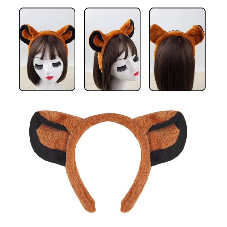 Set Cerchietto Capelli Leone Coda Peluche Naso Finto Orecchie Cane Fascia Gonna a Rete Marrone Set Cosplay Animali per Halloween
