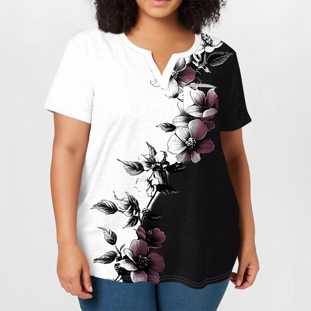 Women's Large Size T-Shirt Casual Tie-dye V-Neck Short Sleeve Pocket Top