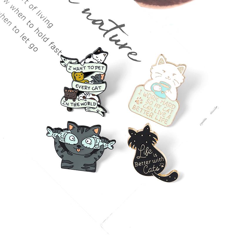 Das Leben ist besser mit Katzen Emaille-Pin Individuelle Katze Fisch Kaffee Broschen Hemd Revers Tasche Niedliches Tier Abzeichen Schmuck Geschenk für Kinder