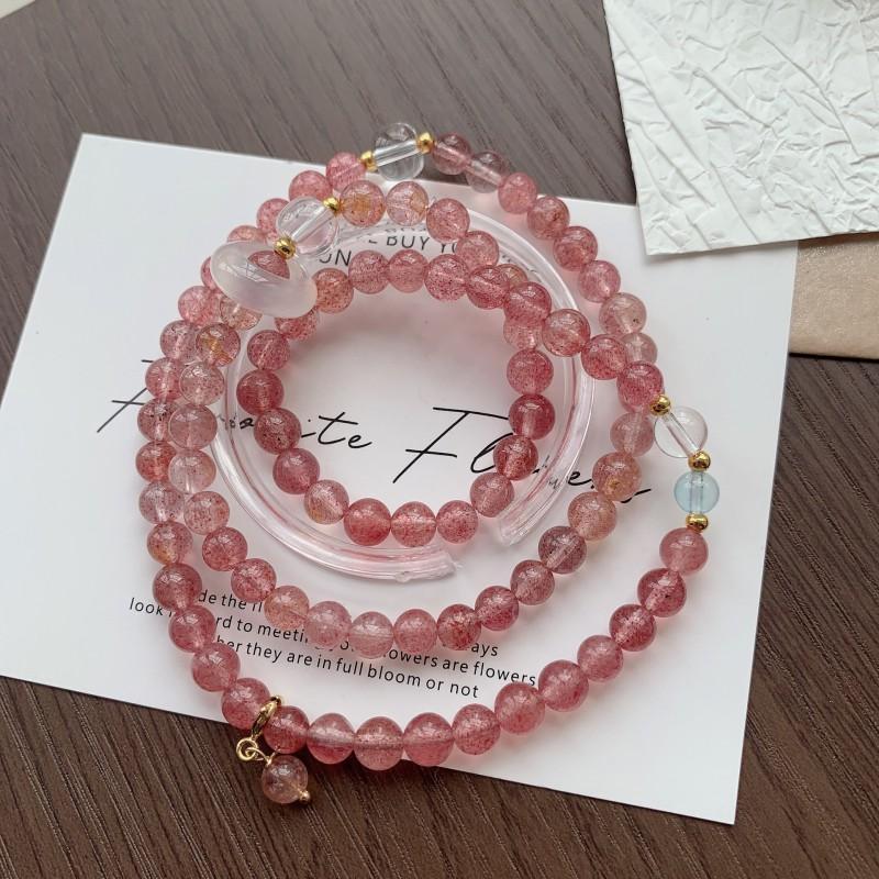 Natural Strawberry Quartz Multi-Layer Beaded Bracelet Women Fresh Sweet Style 3-Row 5-6mm Crystal Jewelry Gift