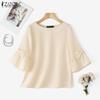 ZANZEA Womens Summer Round Neck Solid Color Half Sleeve Blouse