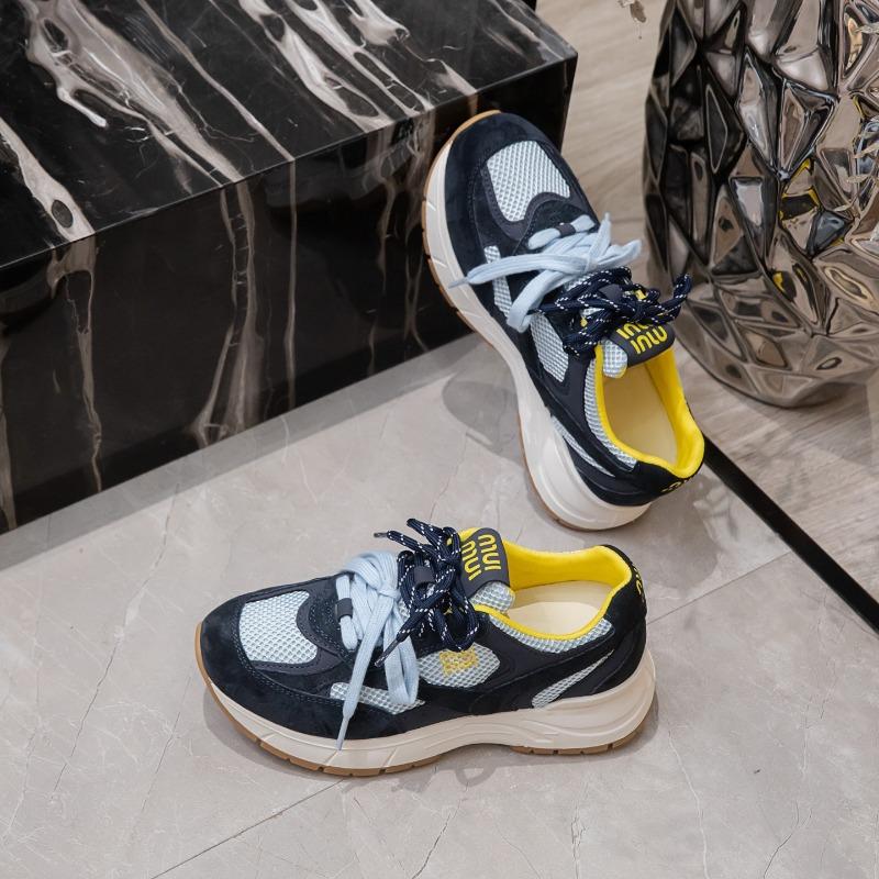 

Leather mesh dad shoes women s summer new thick-soled lace-up round head comfortable versatile casual sports shoes tide 35 синий