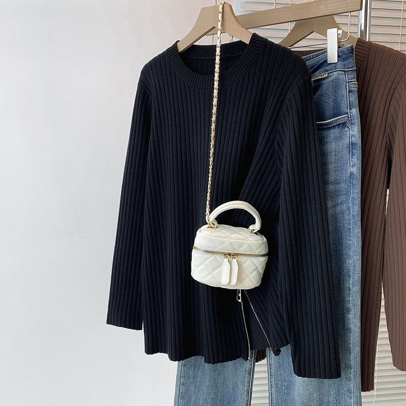 

Crew neck irregular split sweater medium and long knitted bottoming shirt autumn and winter large size women s fat mm inner top One size fits all