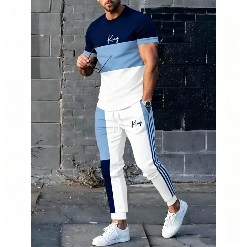 Men'S King Print Three-Color Spliced And White Striped Mesh T-Shirt Paired with Matching Color-Blocked Jogger Pants
