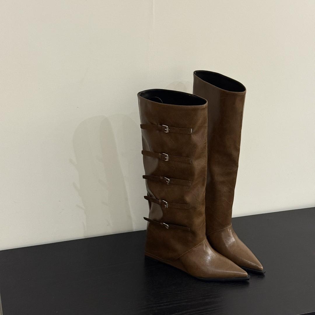 

Wedge Pants Pants Boots Belt Buckle Long Boots Pointed Height Western Cowboy Boots Spice Girls Knight Boots 35 светло-коричневого