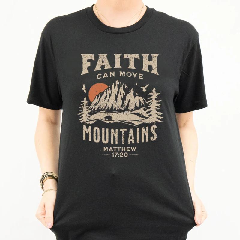 Women Vintage Bible Verse Inspirational T Shirts Mountain Jesus Faith Graphic Tees Cute Religious Tops Retro Christian Apparel