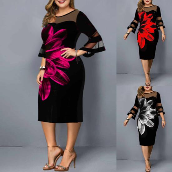 Sexy Women Dress 45720 Sleeve Mesh Patchwork Floral Print Bodycon Knee-length Bodycon