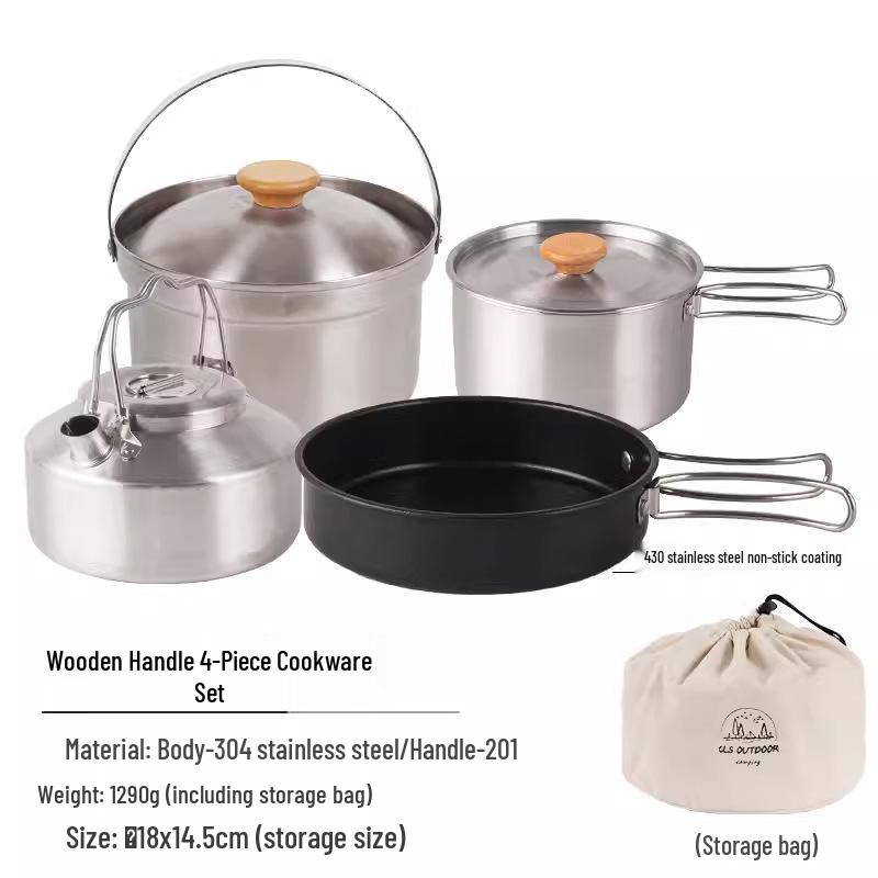 

CLS Набор походной посуды из нержавеющей стали из 4 предметов с антипригарной сковородой и кастрюлей для супа.