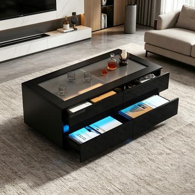 Black Coffee Table 100x50x40cm, Coffee Table with 4 Drawers, LED, Tempered Glass Top & High Gloss, Chipboard, Max. 35kg Load Capacity
