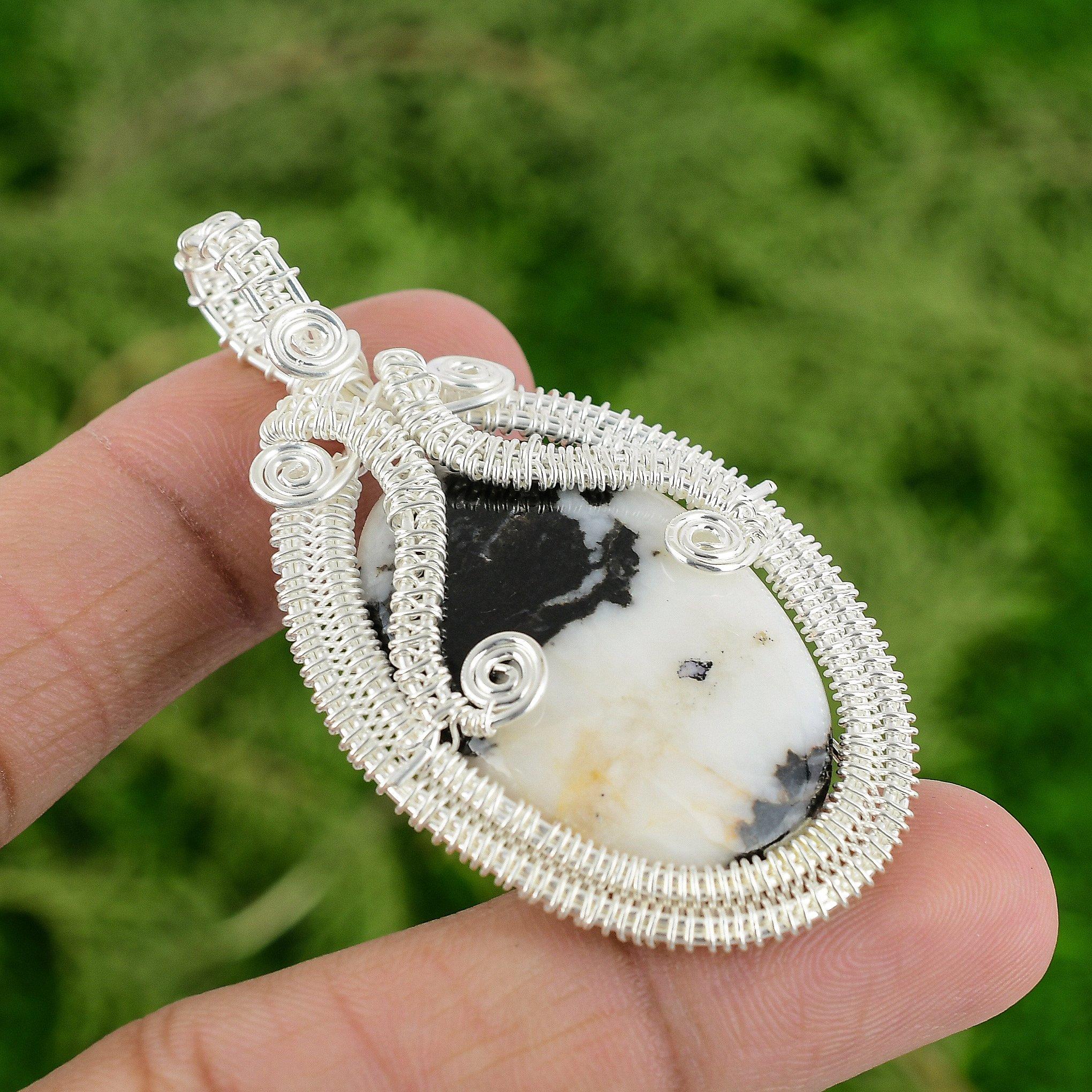 

925 Sterling Silver Zebra Jasper Stone Wire Wrapped Handcrafted Pendant Jewelry