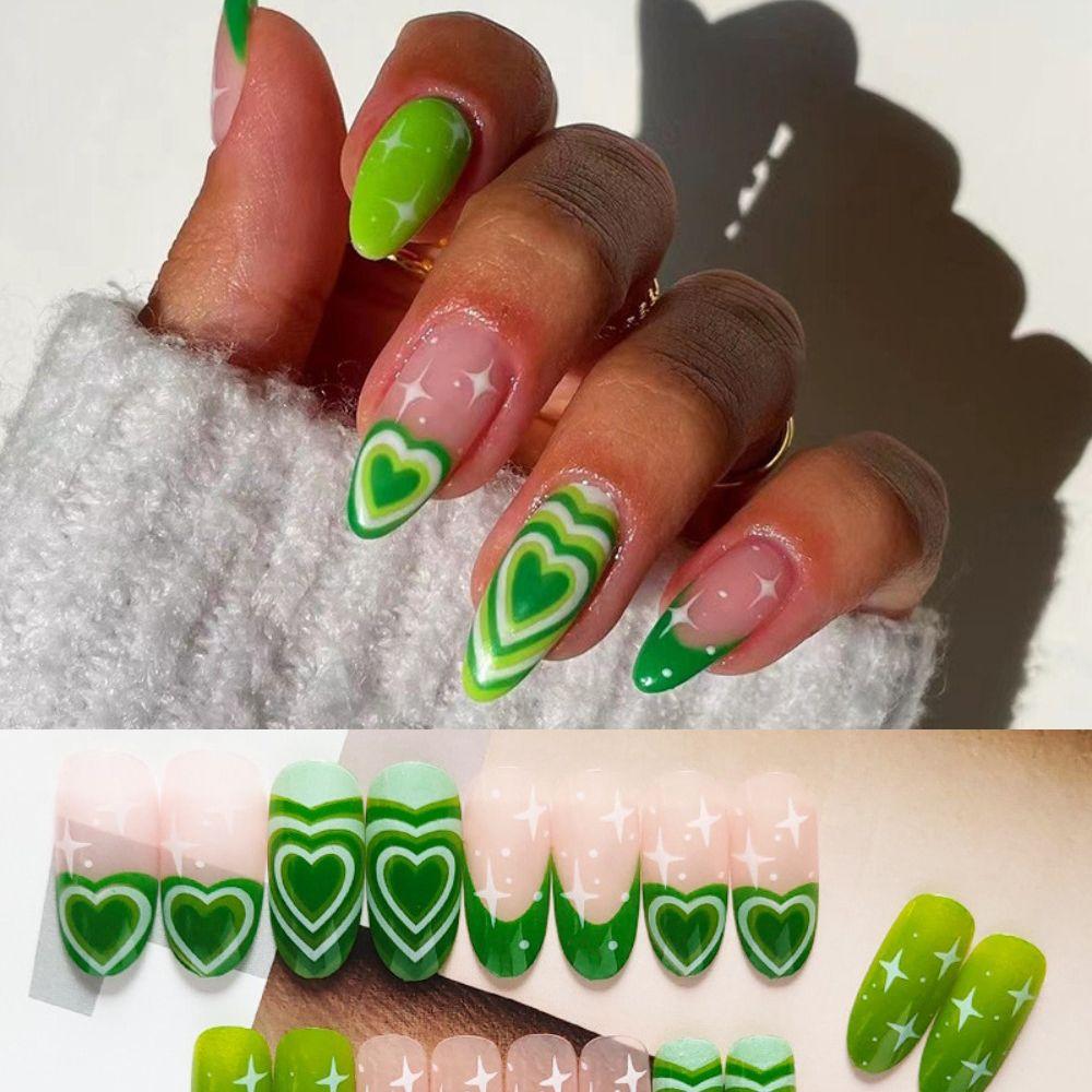 

24pcs Nail Tip DIY Full Cover Star French Green Heart Fake Nails Almond
