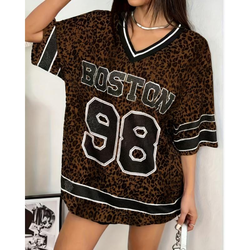 2026 Summer Women BOSTON NO.98 Print Lightweight Breathable Comfortable V-Neck Short Sleeved Baseball T-Shirt Women Jersey Tees