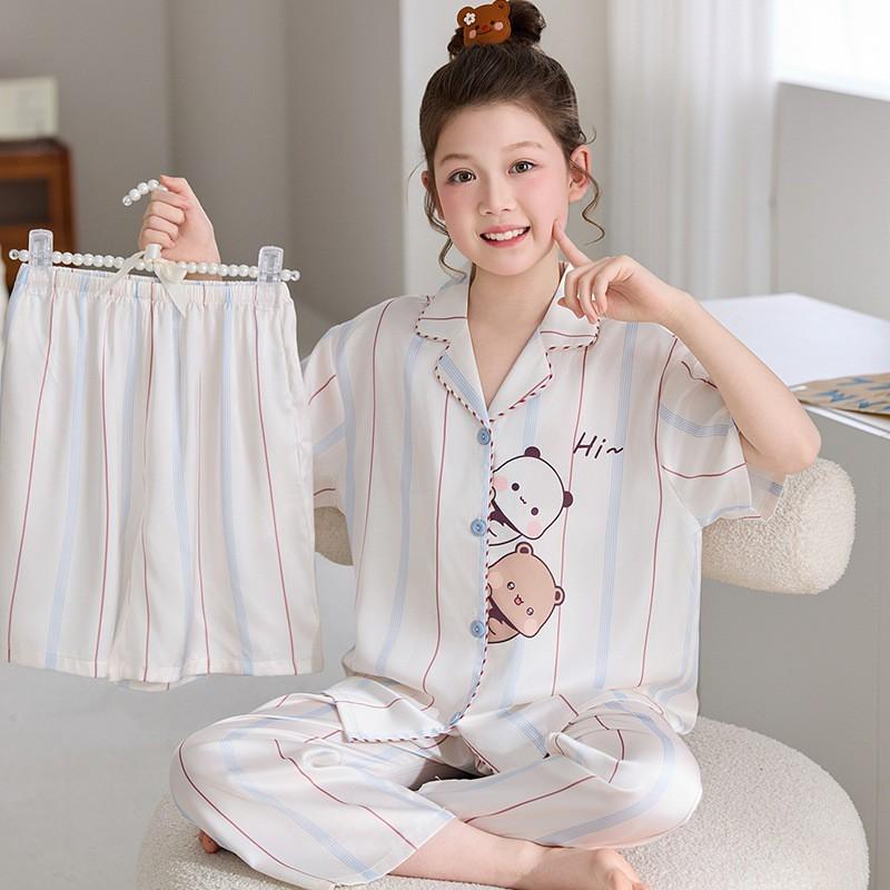 Girls Ice Silk Pajama Set Short Sleeve 3-Piece Cartoon Home Wear Ages 8